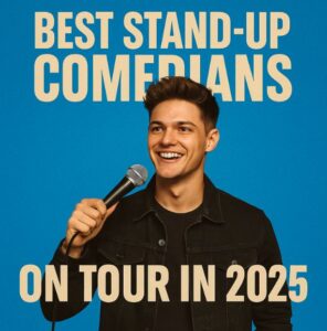 Promotional image of a rising stand-up comedian on tour in 2025, symbolizing the excitement of live comedy shows this year