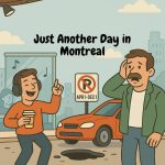 A cartoon-style illustration of a man dancing at a coffee rave, a red car parked near a no-parking sign, and a shocked man reacting to a giant pothole — representing spring in Montreal.