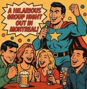 A vintage 1970s superhero comic-style illustration of friends heading to a stand-up comedy show in Montreal, excited and laughing together.