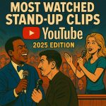 Comic-style illustration of three stand-up comedians with microphones on stage promoting “Most Watched Stand-Up Clips on YouTube – 2025 Edition”