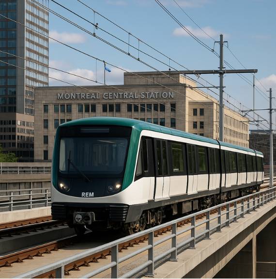 REM train approaching Montreal Central Station, providing easy access to Comedyville comedy club.