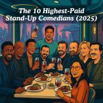 A group of ten diverse stand-up comedians representing the highest-paid performers of 2025, gathered for a realistic photo, capturing their fame and comedic presence.