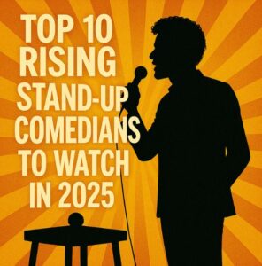 Colorful square promotional poster featuring silhouettes of emerging comedians on stage with vibrant lights and crowd. Text overlay reads "Rising Stand-Up Comedians 2025".