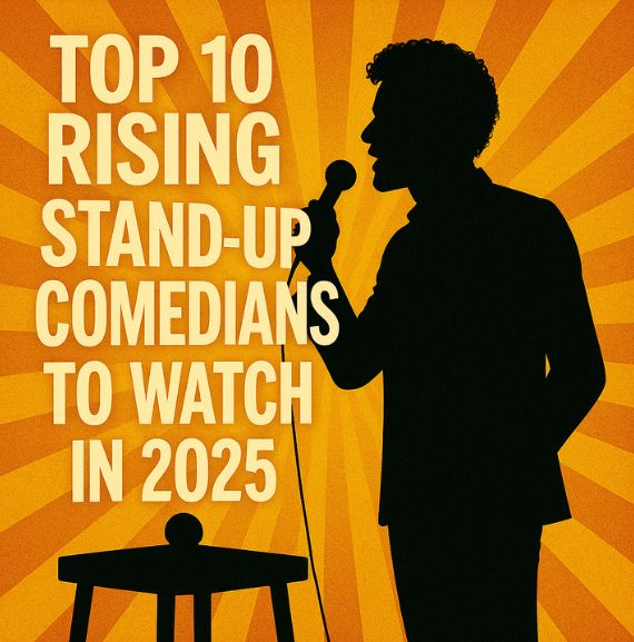Colorful square promotional poster featuring silhouettes of emerging comedians on stage with vibrant lights and crowd. Text overlay reads "Rising Stand-Up Comedians 2025".