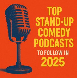 Colorful digital illustration showcasing podcast microphones and stand up comedy icons in a lively studio setting